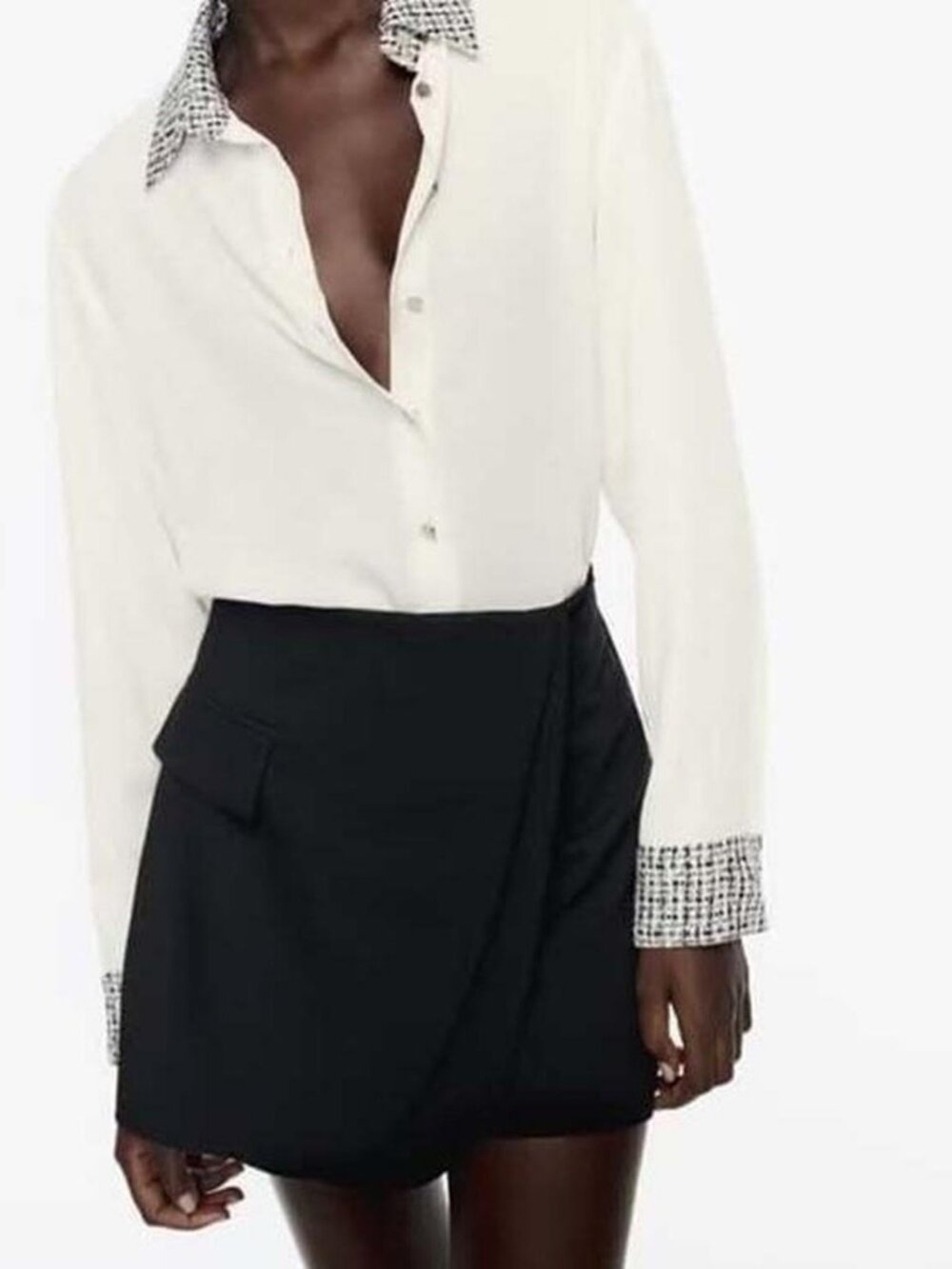 Zara Patchwork Button-Up Shirt White Tweed Trim